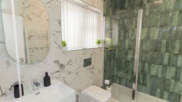 Hair dryer, towels, soap, shampoo