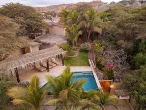 A pool surrounded by palm trees and a thatched-roof structure.