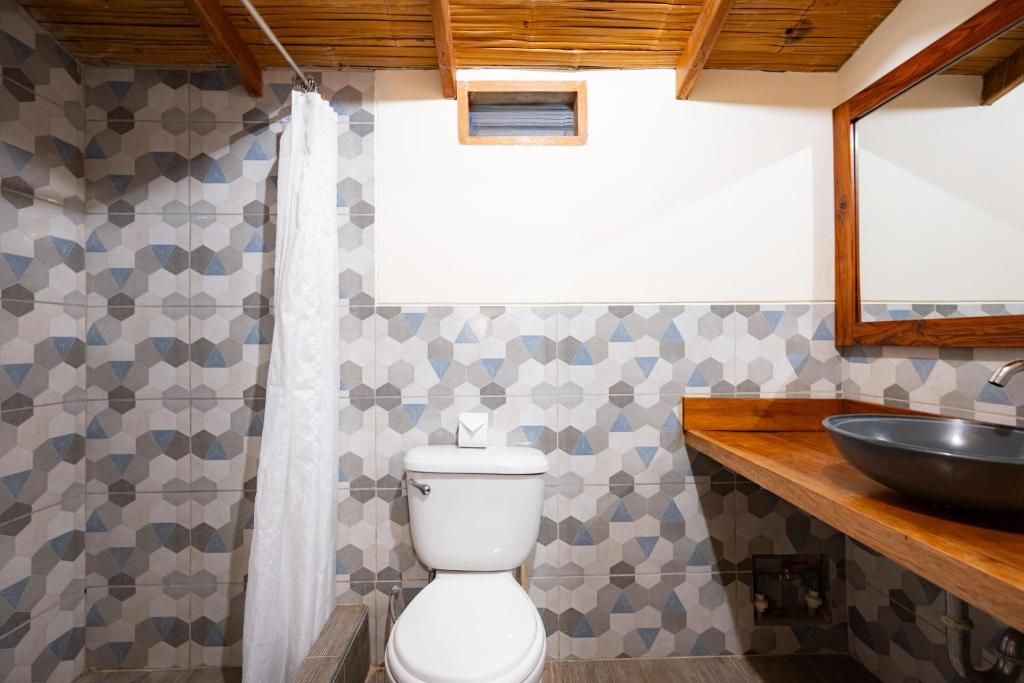 A bathroom with a white toilet, a wooden vanity with a large sink, and a shower curtain.