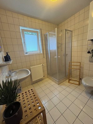 Dusche, Haartrockner, Handtücher, Seife