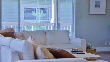 Smart TV, fireplace, books, stereo