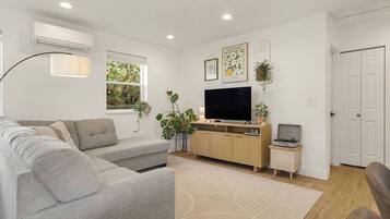 Smart TV, fireplace, books, stereo