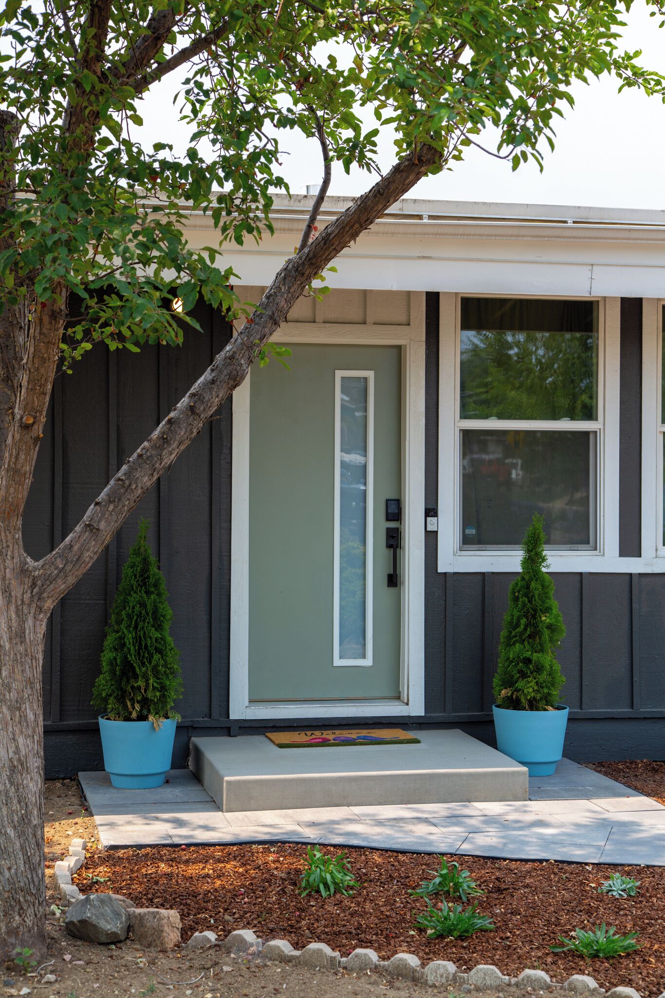 A house with a front door, a small porch, two potted plants, and a tree.