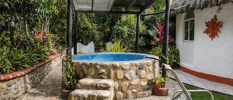 Tinaja de piedra con una pérgola de metal, rodeada por un jardín con diversas plantas y una estructura de techo de paja.