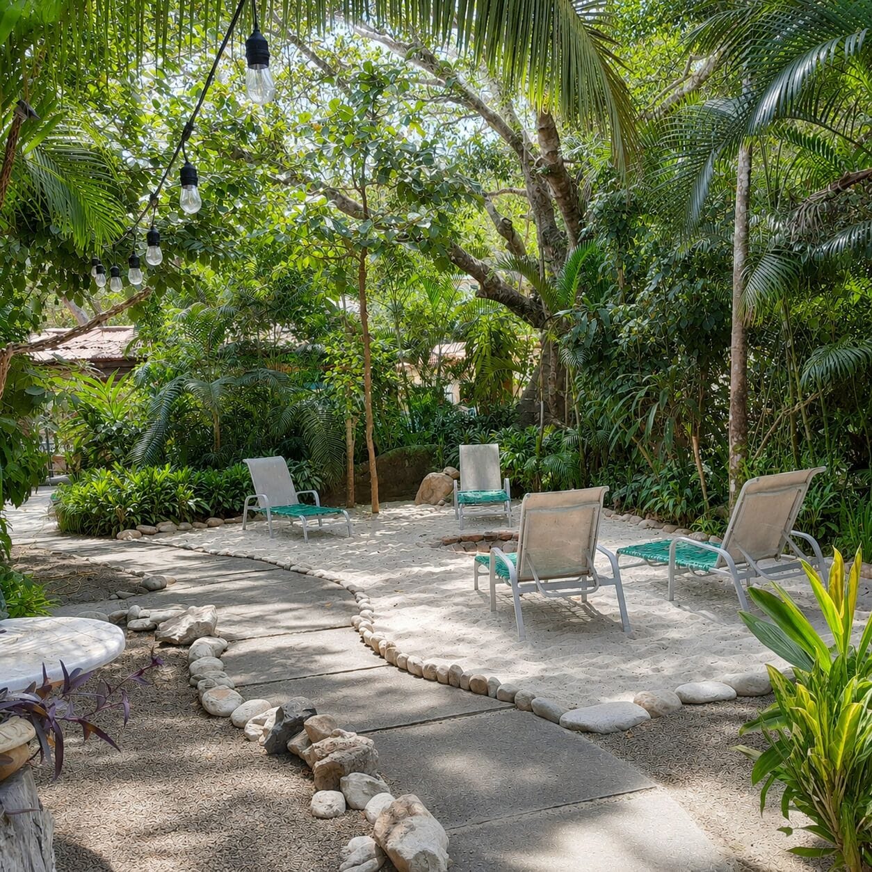 Un jardín con mobiliario exterior, un sendero y vegetación tropical.