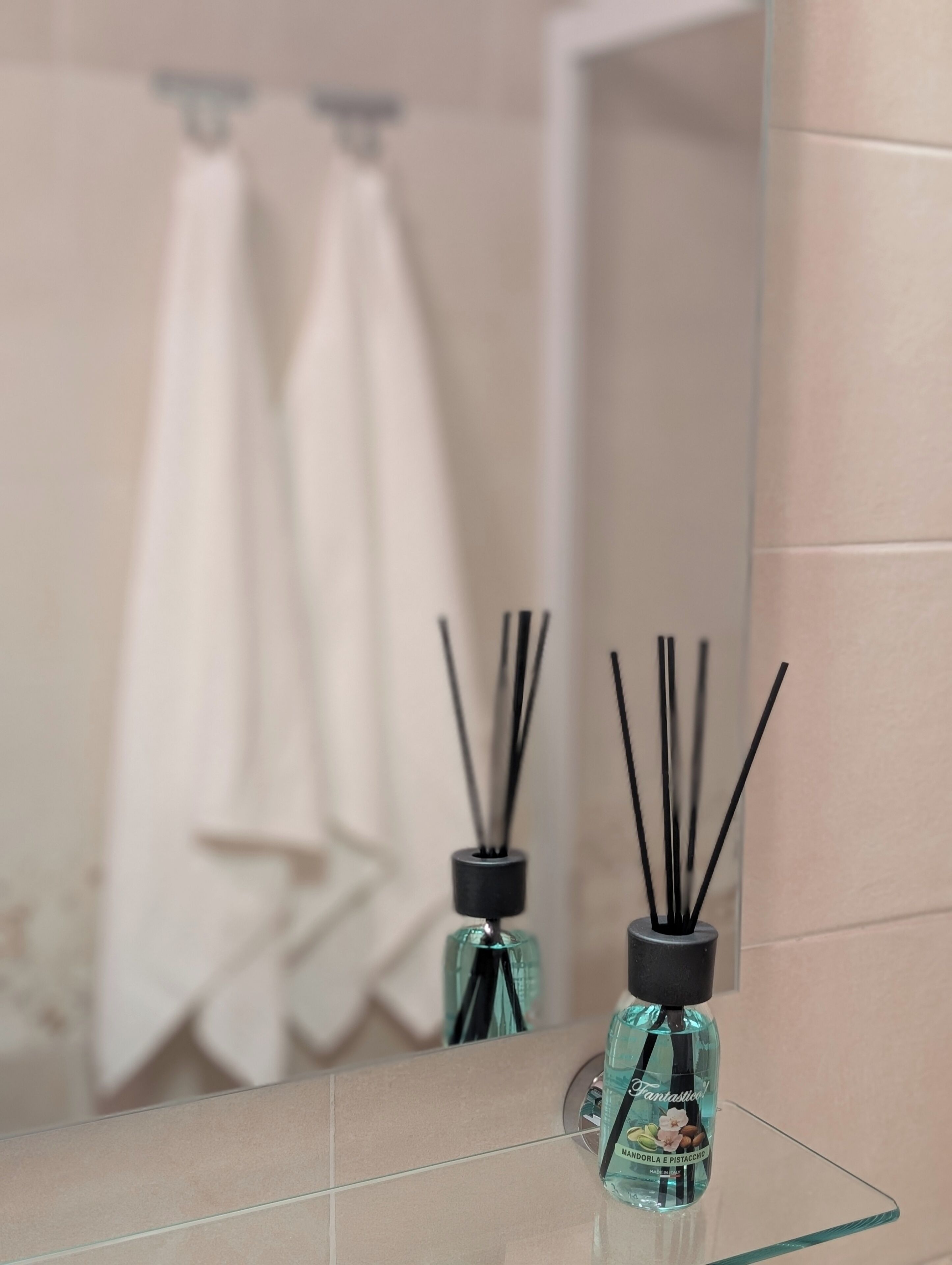 Une salle de bain avec une douche à parois de verre, un miroir et deux flacons de diffuseur à roseaux posés sur une étagère en verre.