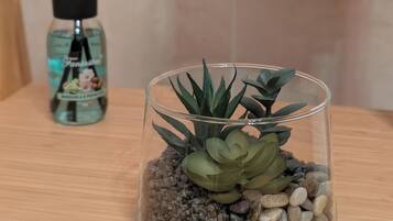 Un terrarium en verre contenant des plantes succulentes et des petits cailloux, posé sur une surface en bois, une bouteille avec des bâtonnets noirs, et une serviette blanche en arrière-plan.
