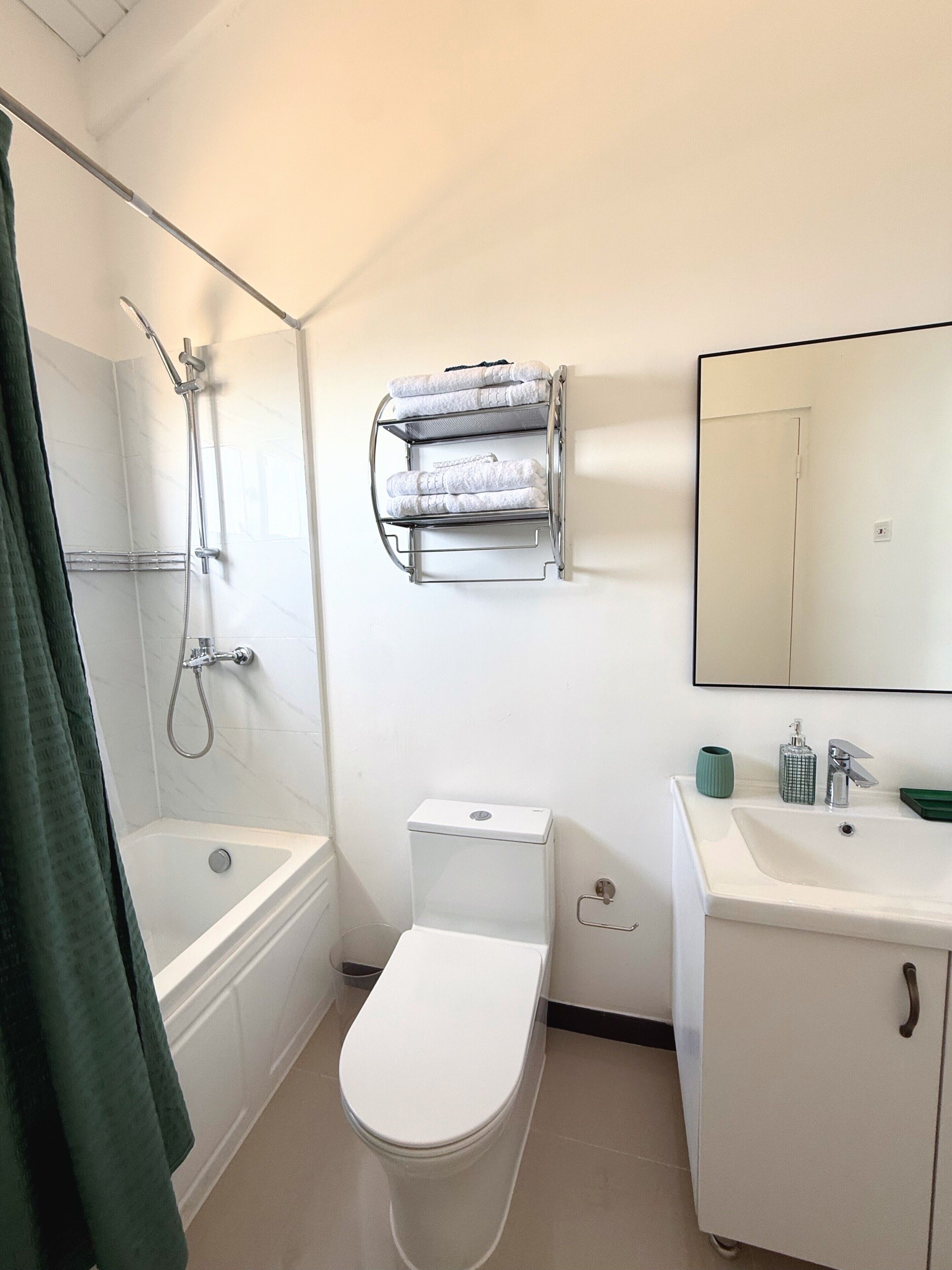 Un baño con ducha, inodoro, lavamanos y toallero.