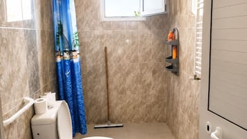 Regadera, toallas, papel de baño