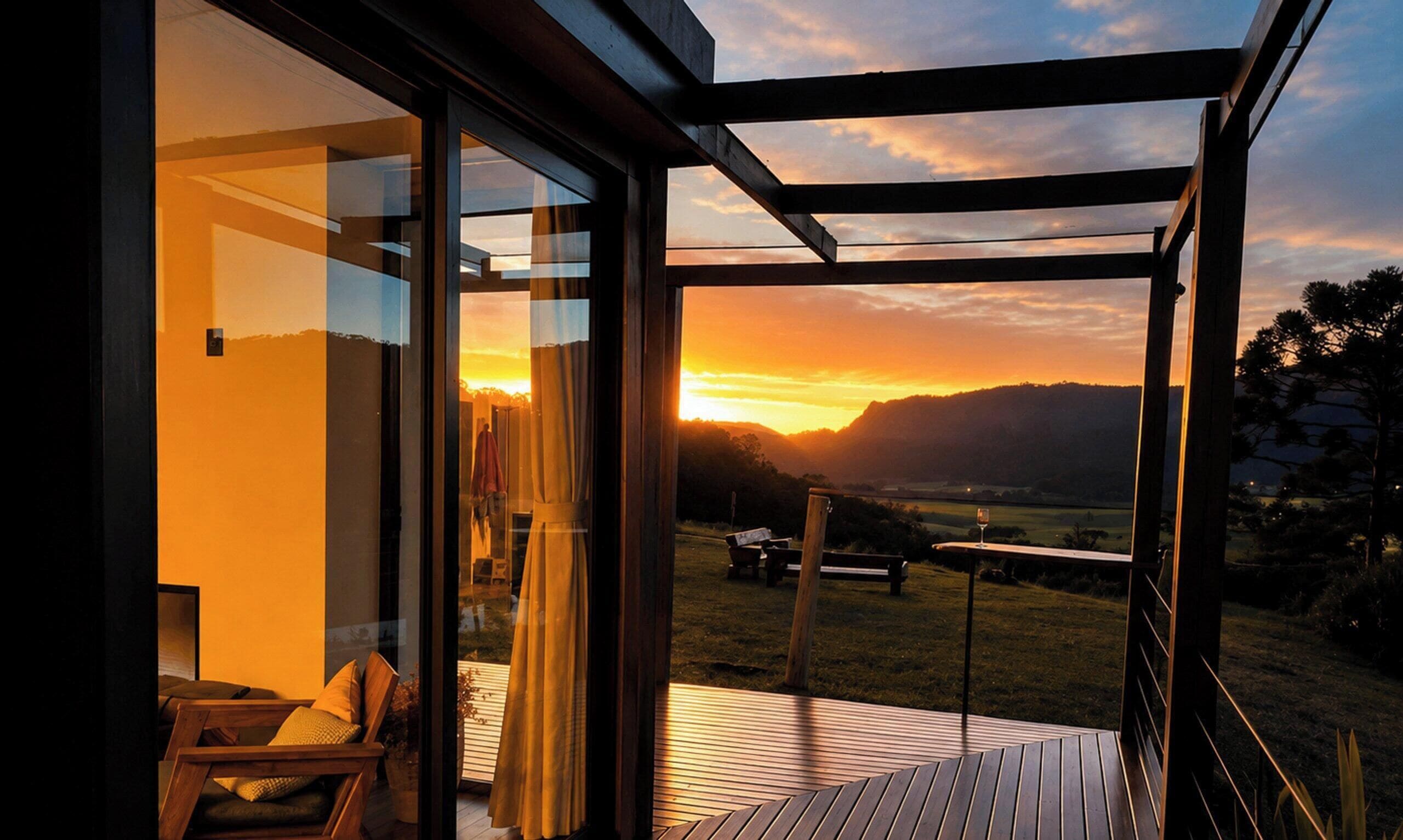 A modern interior with a glass door leading to an outdoor deck.