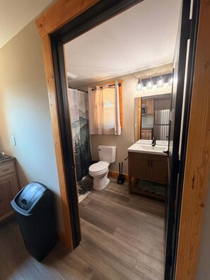 A bathroom with a toilet, sink, mirror, and shower curtain. - Bear Hollow 2-bed cabin in charming Old Fort with AC (Old Fort)