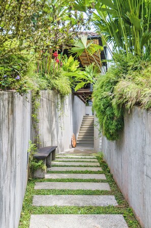 A concrete staircase flanked by lush greenery, leading to a building with a wooden structure.