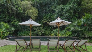 A poolside area with four lounge chairs and two umbrellas, surrounded by lush greenery.