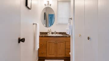 Hair dryer, towels, soap, toilet paper