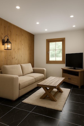 A modern living room with a sofa, a coffee table, a TV, and a window. - Balcony, tv, 30m², Pralognan-la-Vanoise (Pralognan-la-Vanoise)