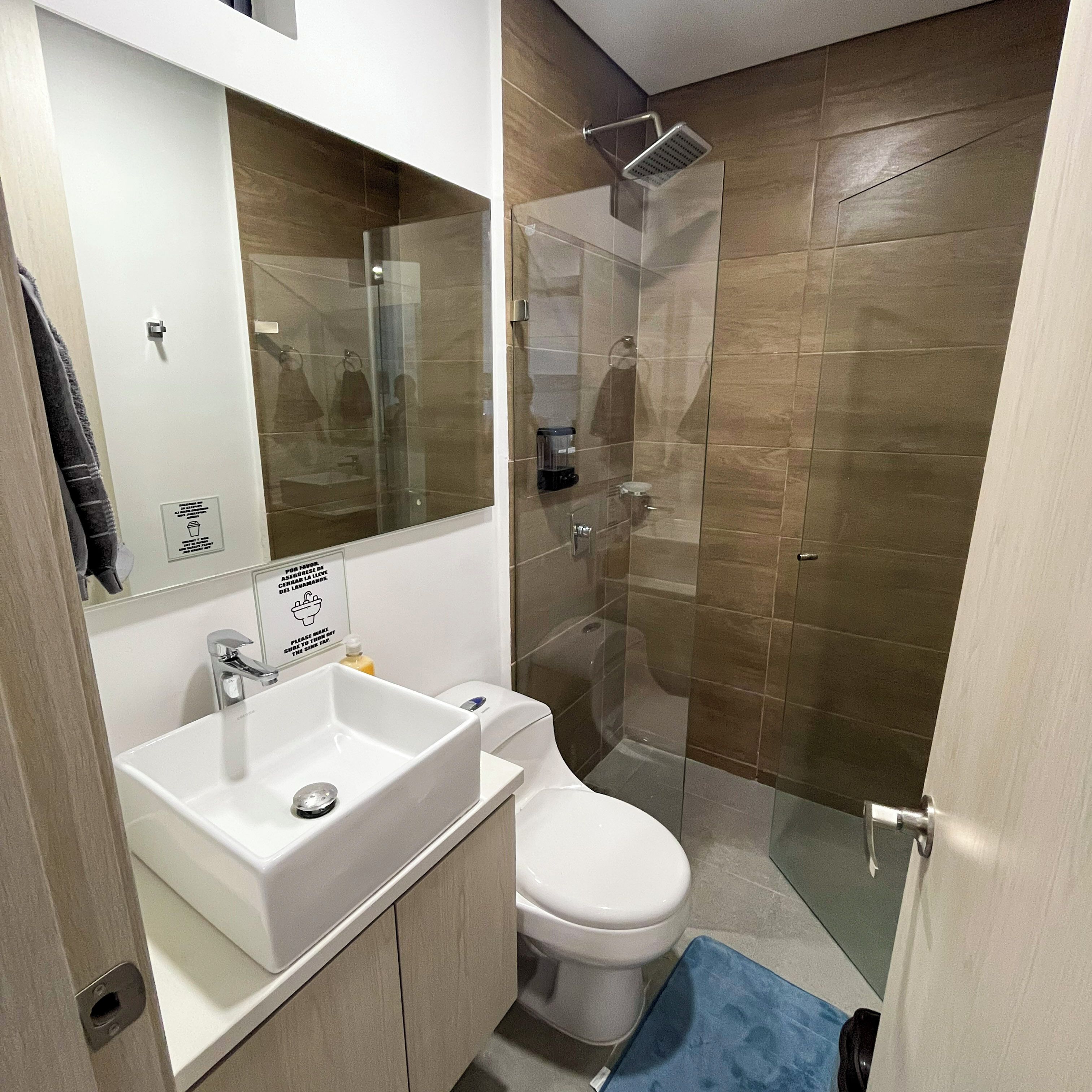 A modern bathroom with a glass shower enclosure, a white sink, and a toilet.