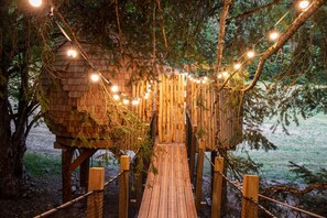 A wooden treehouse with a rope bridge, surrounded by trees and string lights.