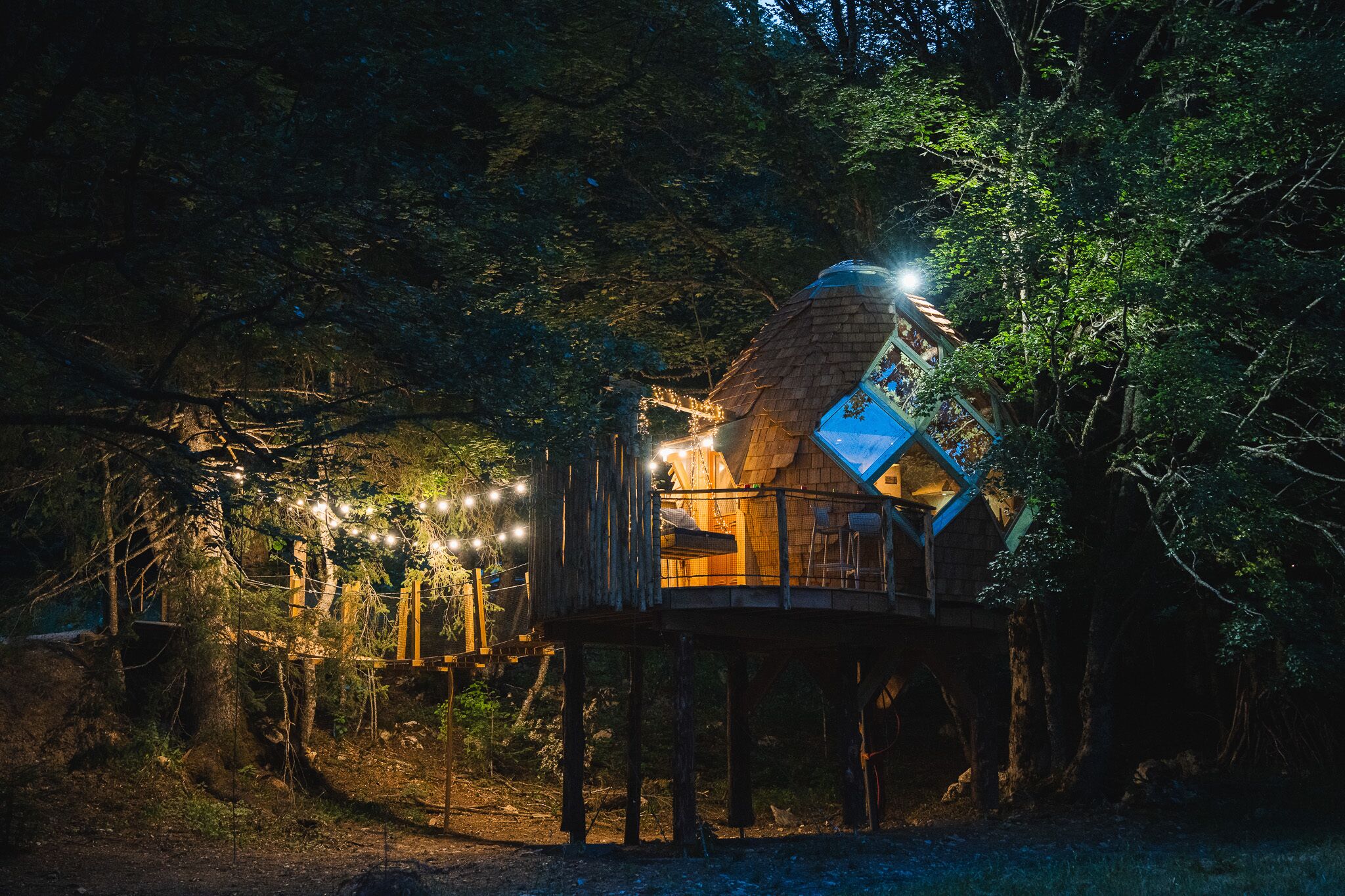 Une cabane perchée dans un arbre, dotée d’une façade en verre, entourée d’arbres et illuminée par des guirlandes lumineuses.