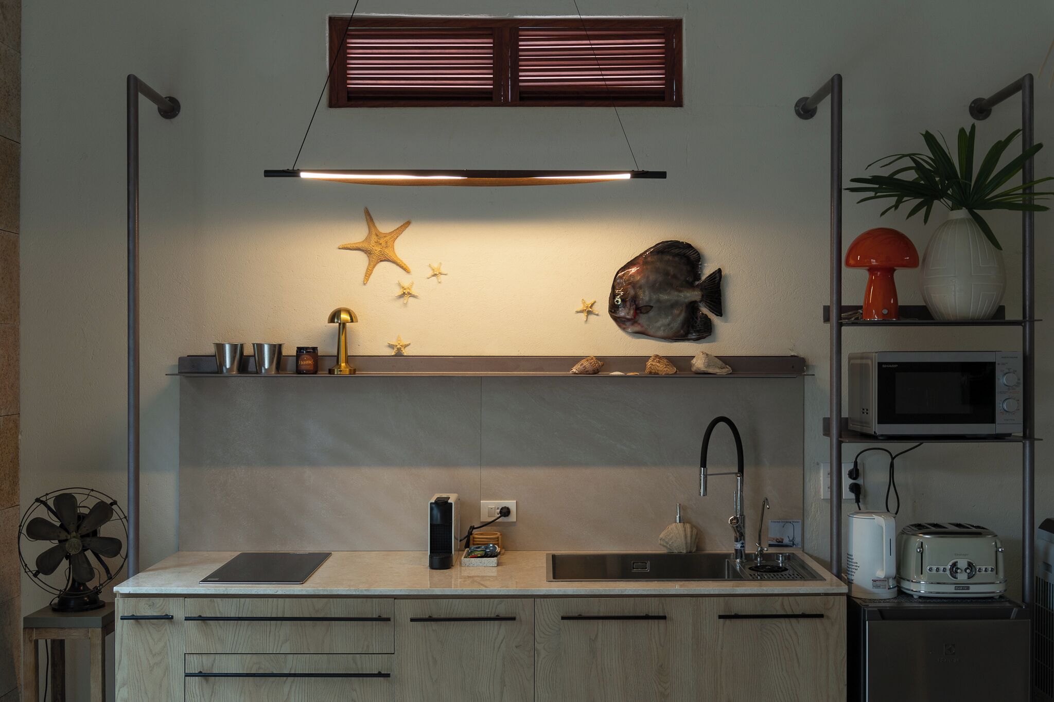 Fridge, microwave, oven, electric kettle