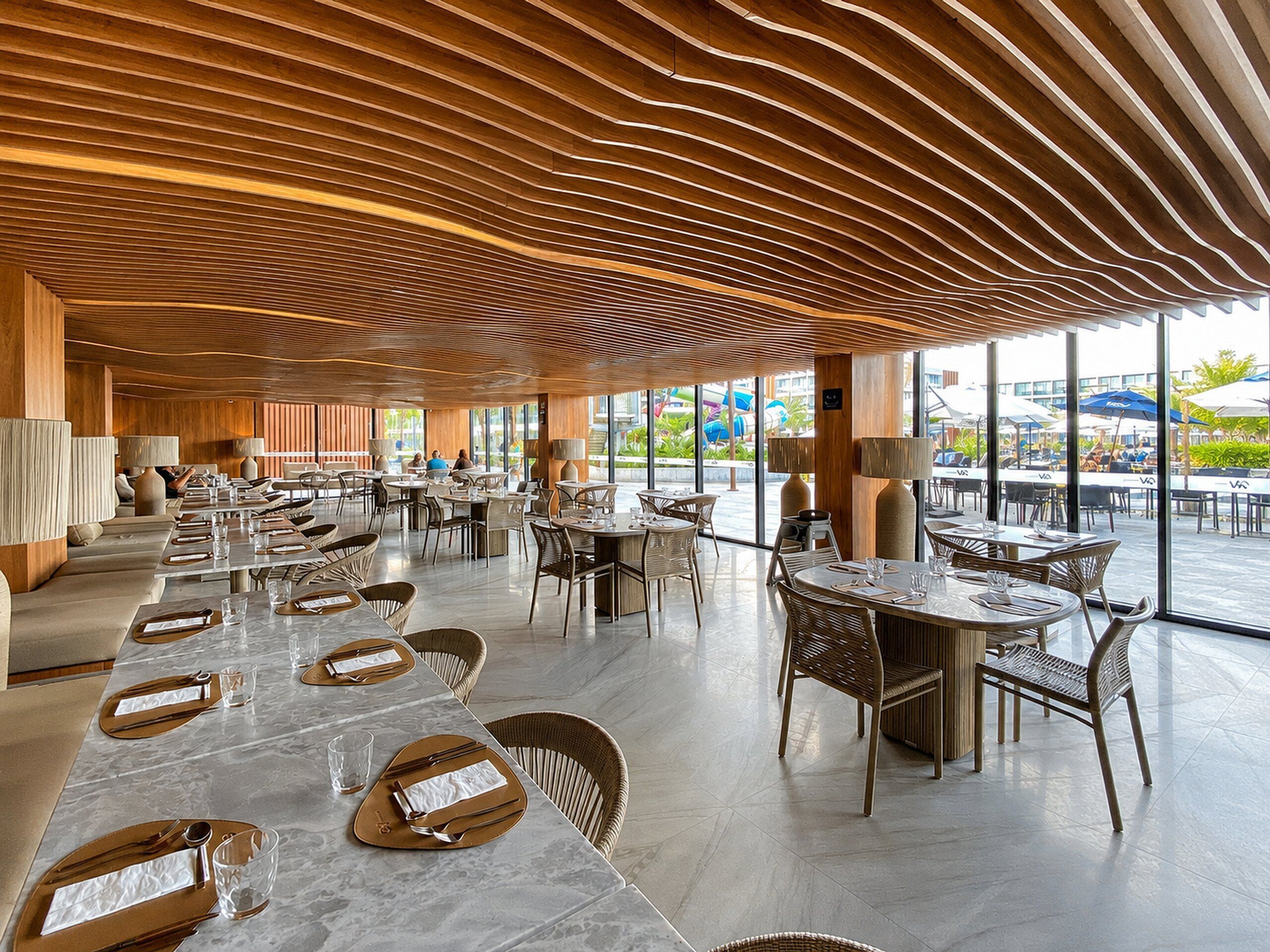 A spacious indoor dining area with high ceilings and large windows.