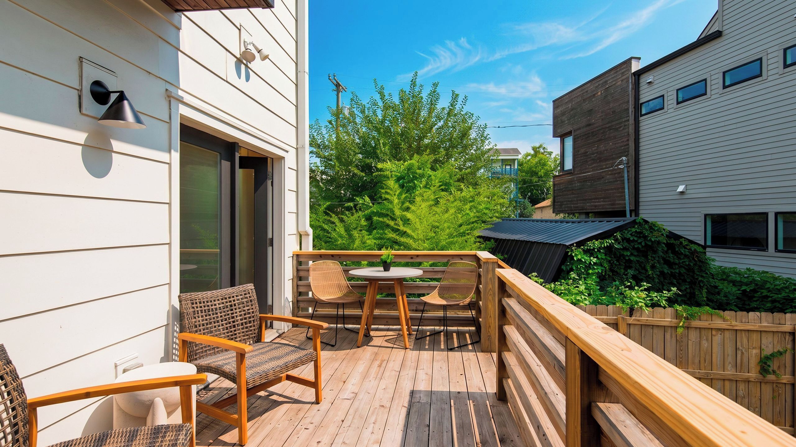 A deck with outdoor furniture, a potted plant, and a view of a tree and neighboring buildings.