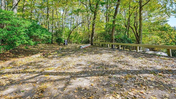 A forested area with a dirt path, a wooden fence, and a backpack on the ground. - Mtn-View Cashiers Cottage w Screened Deck! (Glenville)