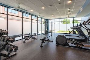 Een sportschool met trainingsapparatuur, grote ramen en uitzicht op buiten.