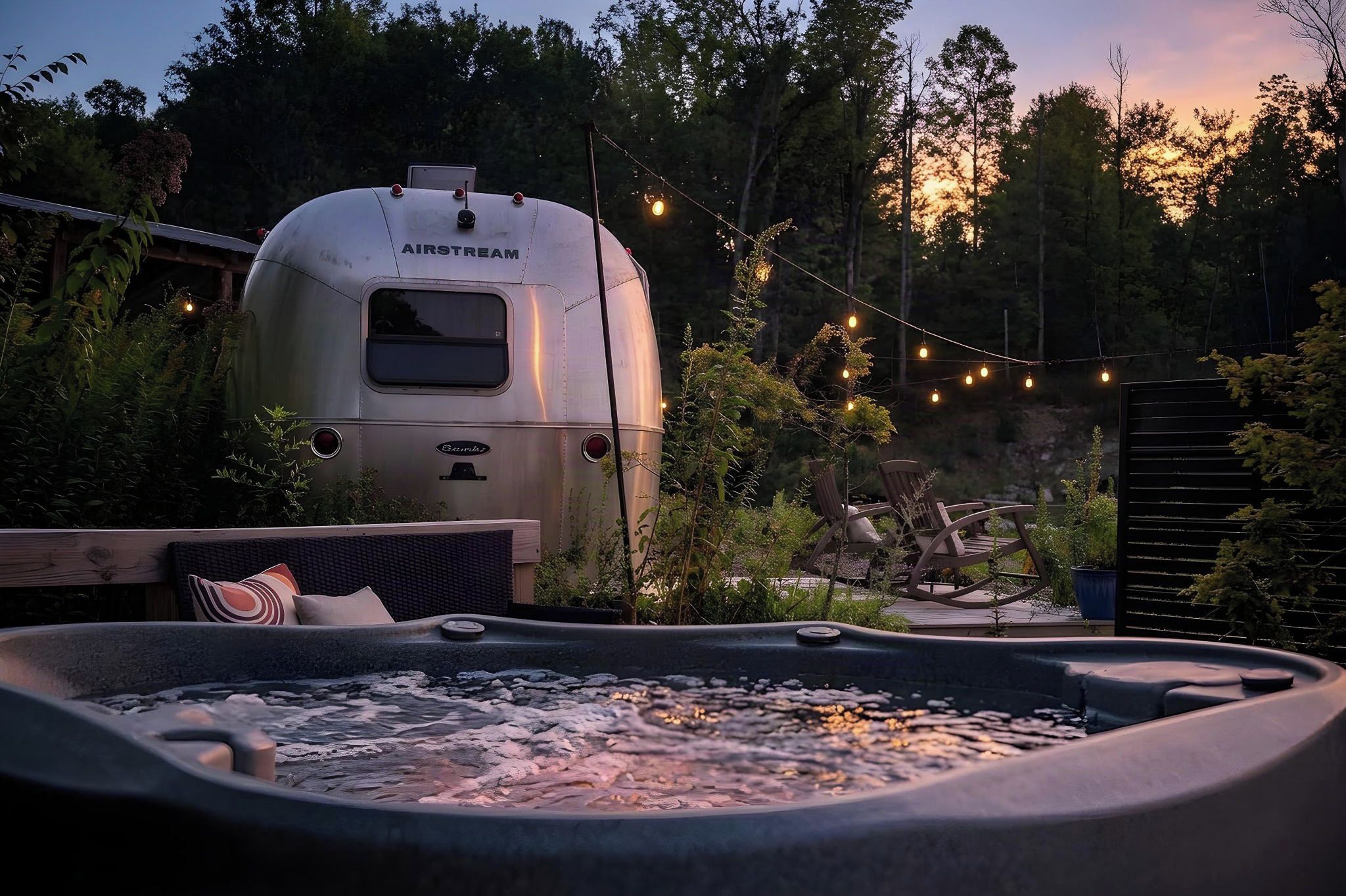 A hot tub with a view of a trailer labeled 'AIRSTREAM' in the background.