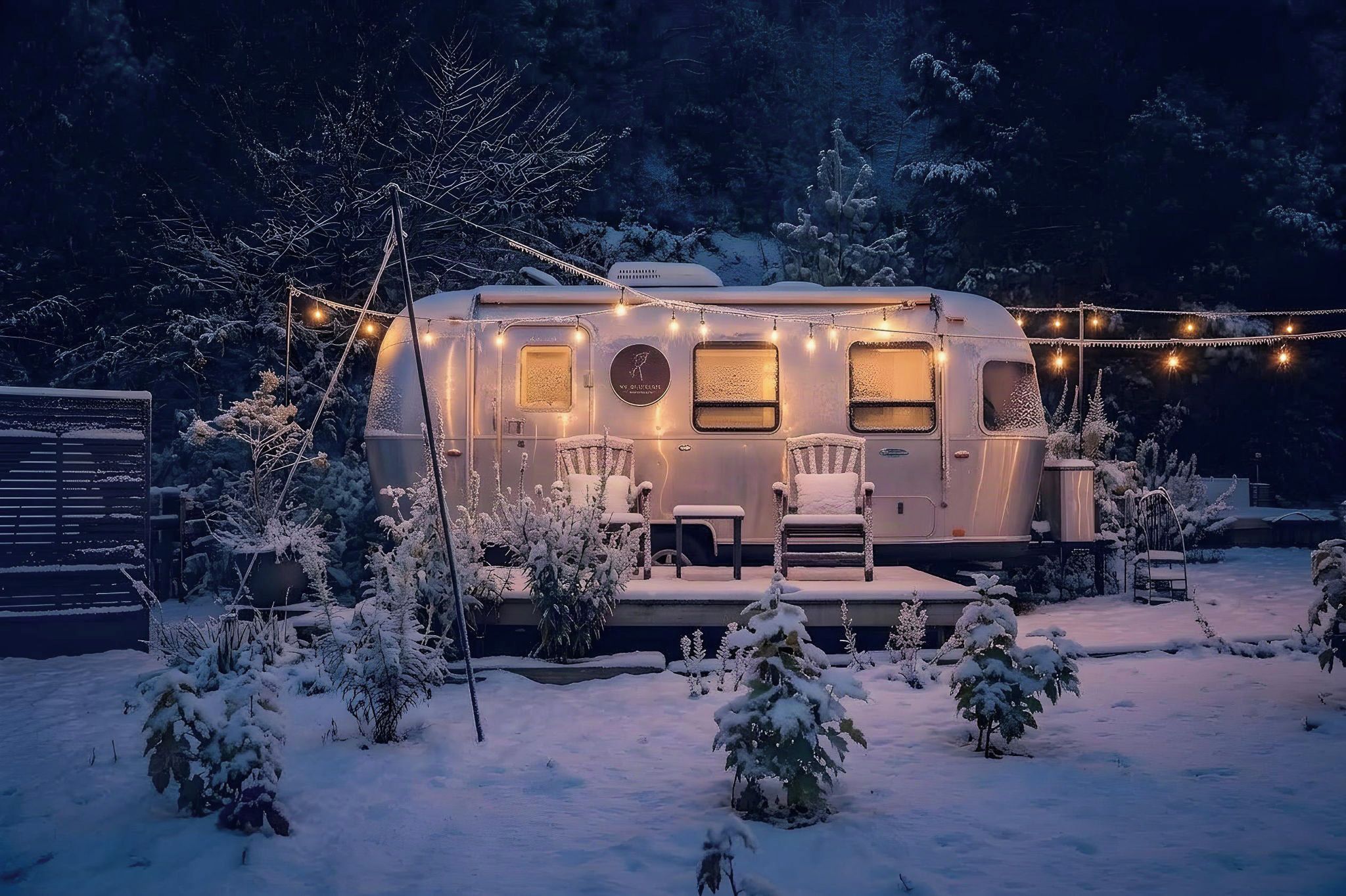 A stationary RV with a covered porch area, surrounded by snow-covered plants and trees.
