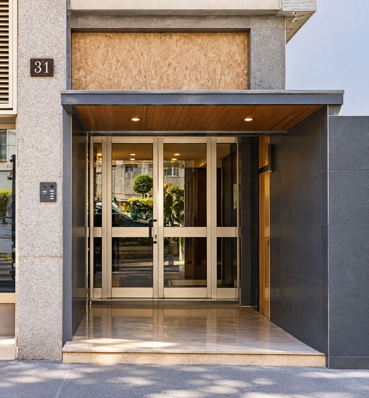 A modern building entrance with a glass door, a wooden overhang, and a number sign '31' on the wall.