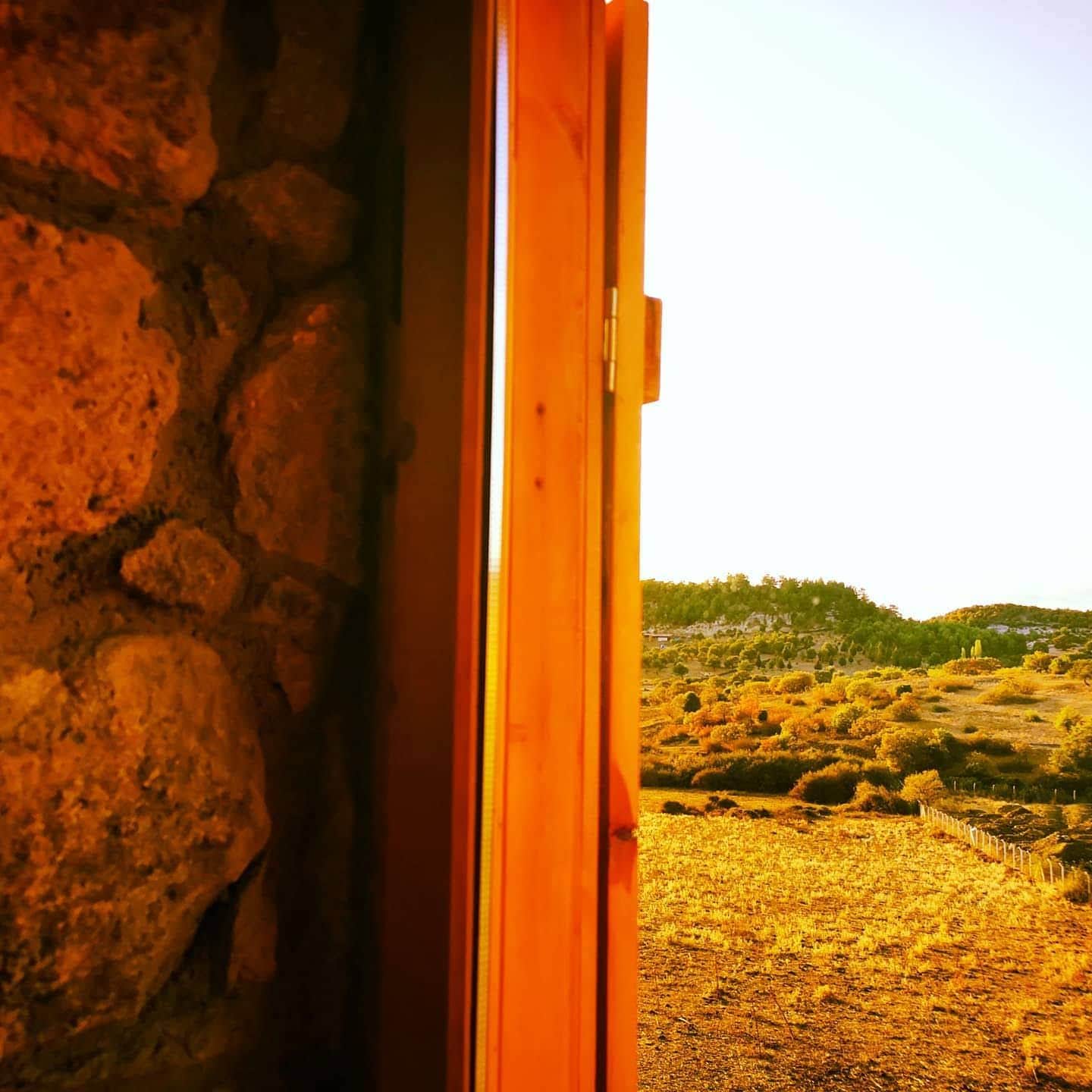A stone wall adjacent to a wooden door leading to an outdoor landscape.