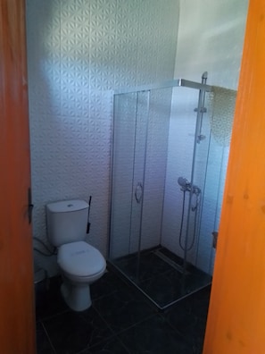 Un baño con inodoro, cabina de ducha y pared con estampado.