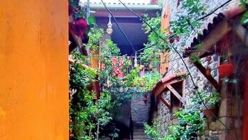 A narrow stone pathway leading through a courtyard with a rustic stone wall and greenery.