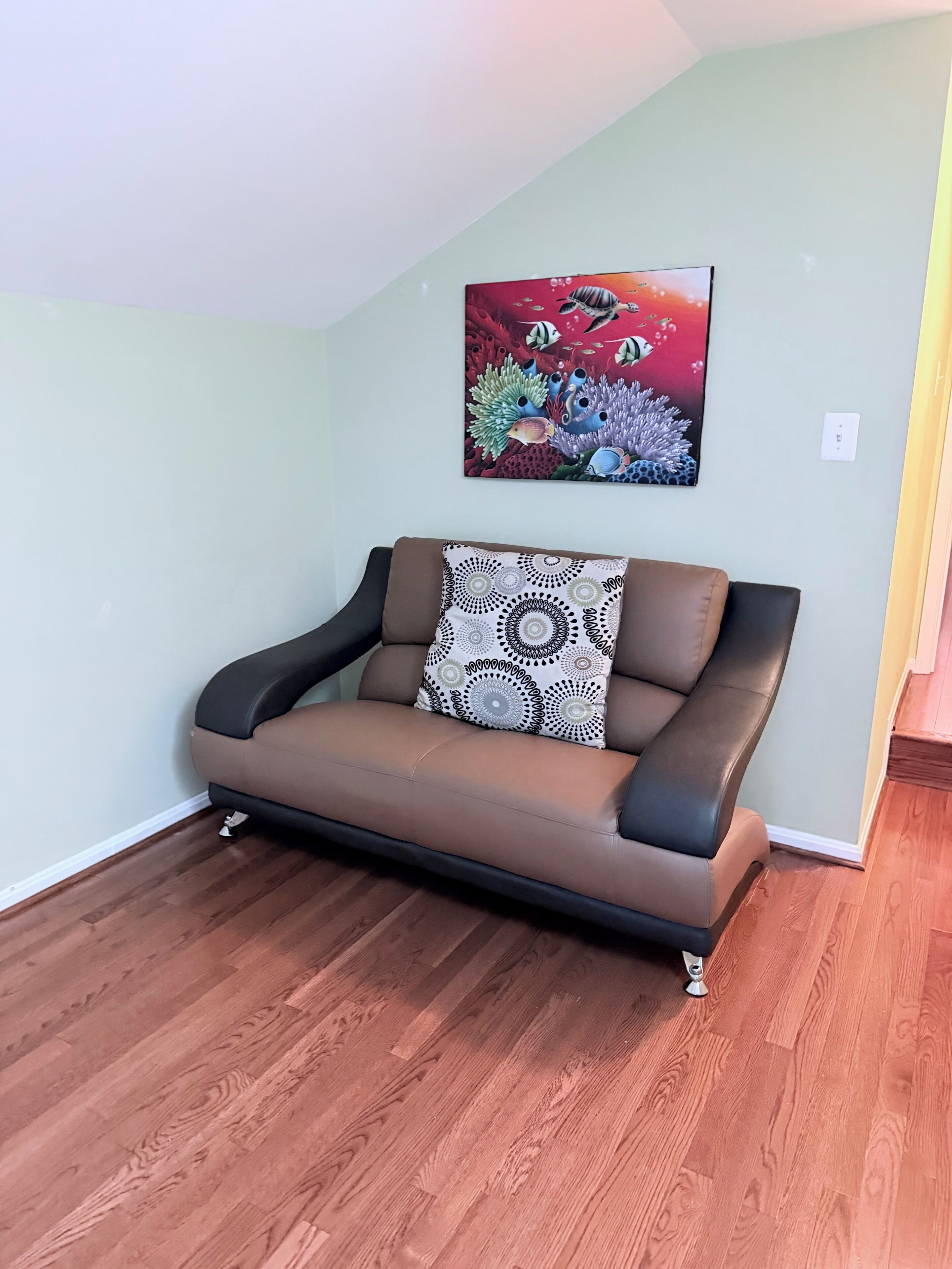 Una habitación con un sofá de cuero marrón frente a una pared verde claro, un cojín estampado y un cuadro con motivos marinos.