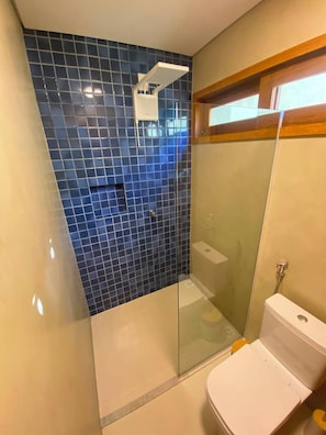 Ein Badezimmer mit Duschkabine aus Glas, Toilette und einer Wand mit blauen Fliesen.