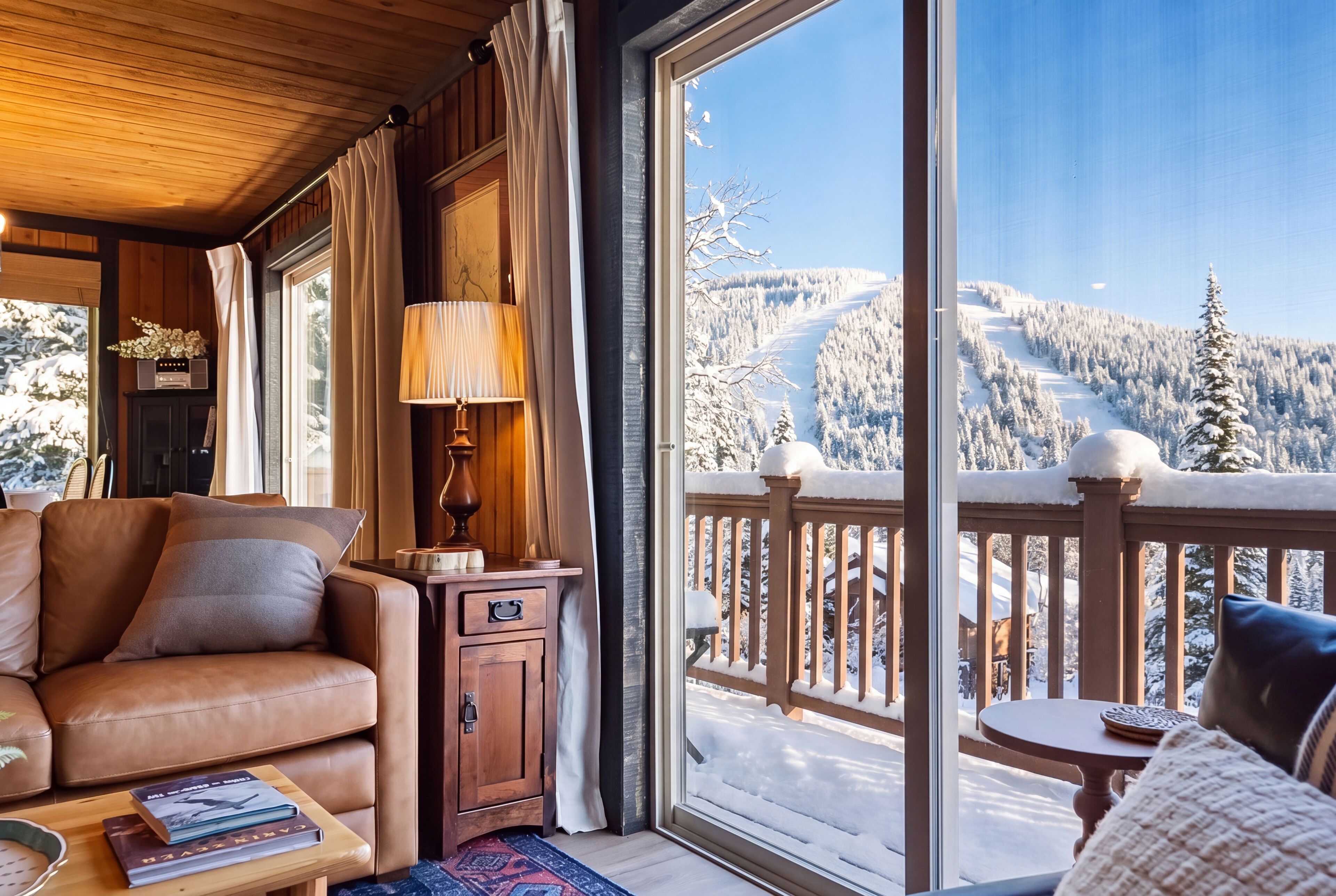 Une pièce chaleureuse avec un canapé en cuir, un meuble en bois, une lampe et une vue sur un paysage montagneux enneigé, visible à travers de grandes fenêtres.