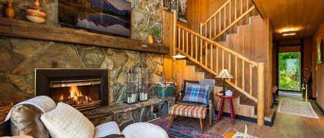 Smart TV, fireplace, books, stereo