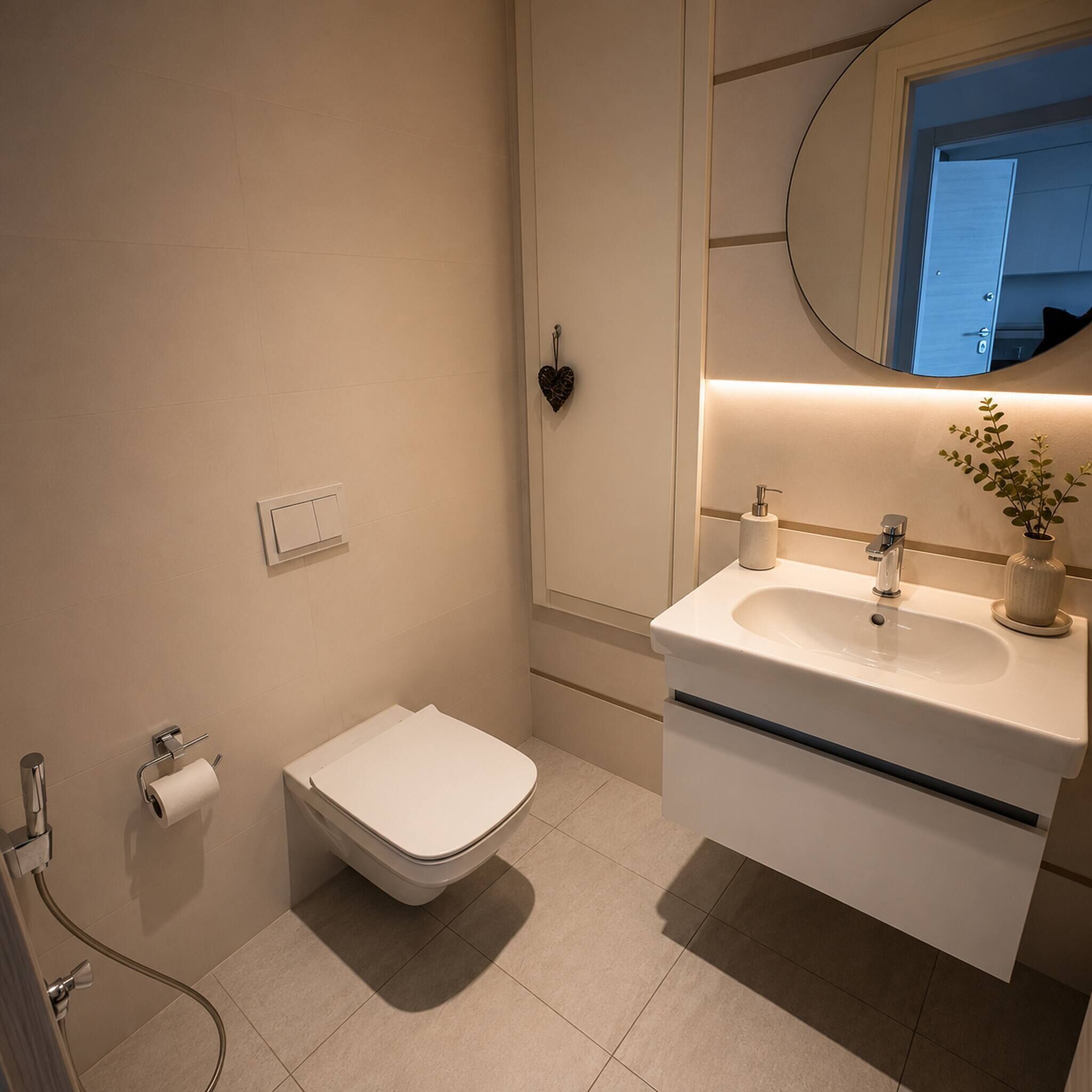 A bathroom with a toilet, sink, and mirror.