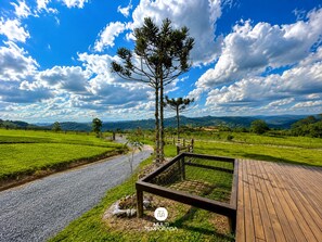 Una terraza de madera con cerramiento de metal, cielo despejado y paisaje verde.
