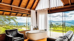 Una habitación con una bañera grande, techo de madera y vistas a un paisaje montañoso.