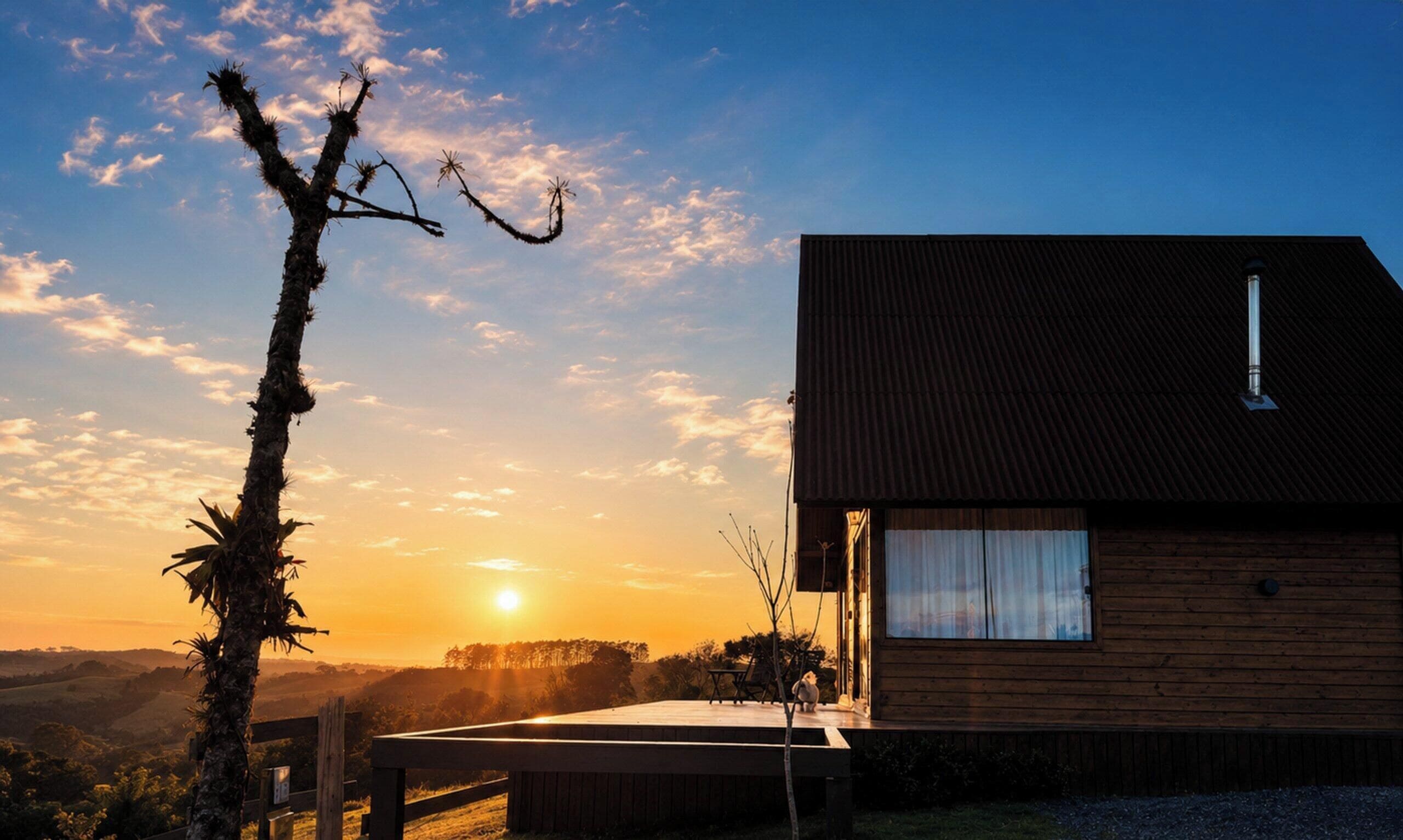 A modern wooden house with a sloped roof, a wooden deck, and a view of the sunset.
