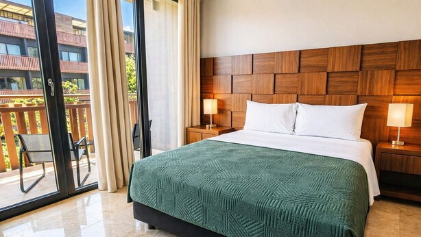 Habitació d'hotel amb un llit gran, dues làmpades de nit, un panell de fusta al capçal i vistes al balcó exterior.