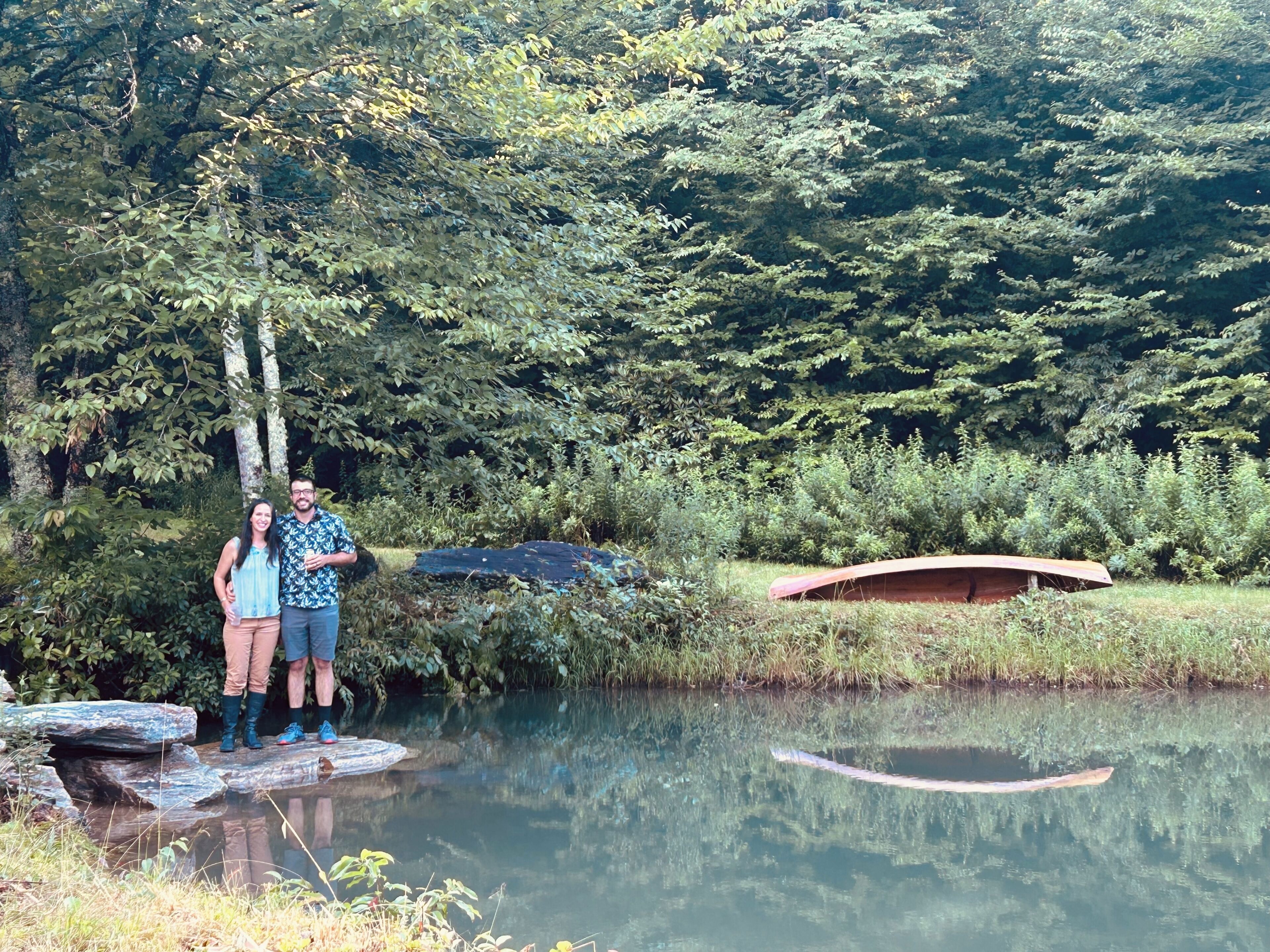 A natural setting with a body of water, a wooden bridge, and dense foliage.