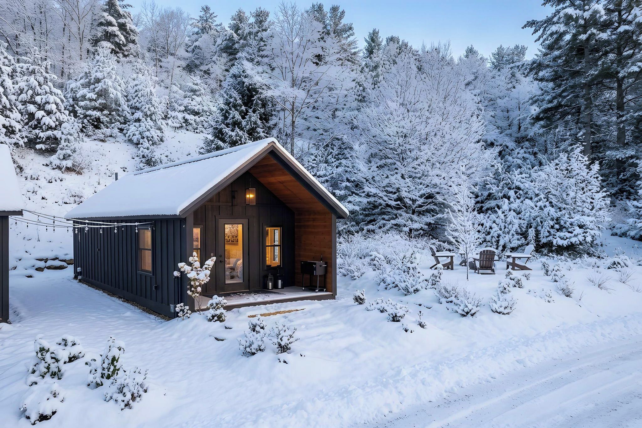 A wooden cabin with a pitched roof, surrounded by snow-covered trees.