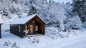 A wooden cabin with a pitched roof, surrounded by snow-covered trees.