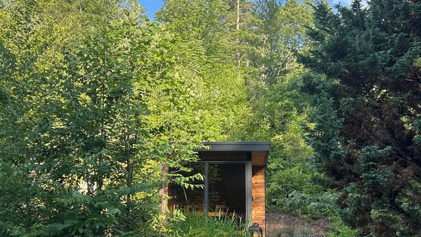 A small wooden cabin surrounded by dense greenery and trees. - Storybook Forest Cottage w/Loft, Hot Tub + Sauna Access by Blue Ridge Parkway (Newland)