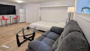 A modern room with a bed, a sofa, a small table, a TV, and a refrigerator. - Modern 1-Bedroom Apartment with AC in Flushing (FLUSHING)