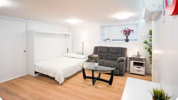 A compact room with a bed, a sofa, a small table, and a window with a plant. - Modern 1-Bedroom Apartment with AC in Flushing (FLUSHING)