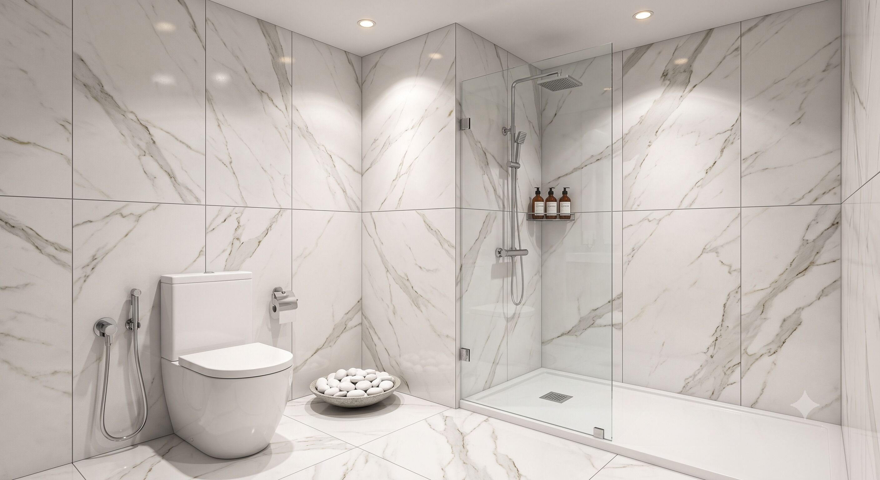 Une salle de bain moderne équipée de toilettes, d’une douche et d’un espace douche vitré.