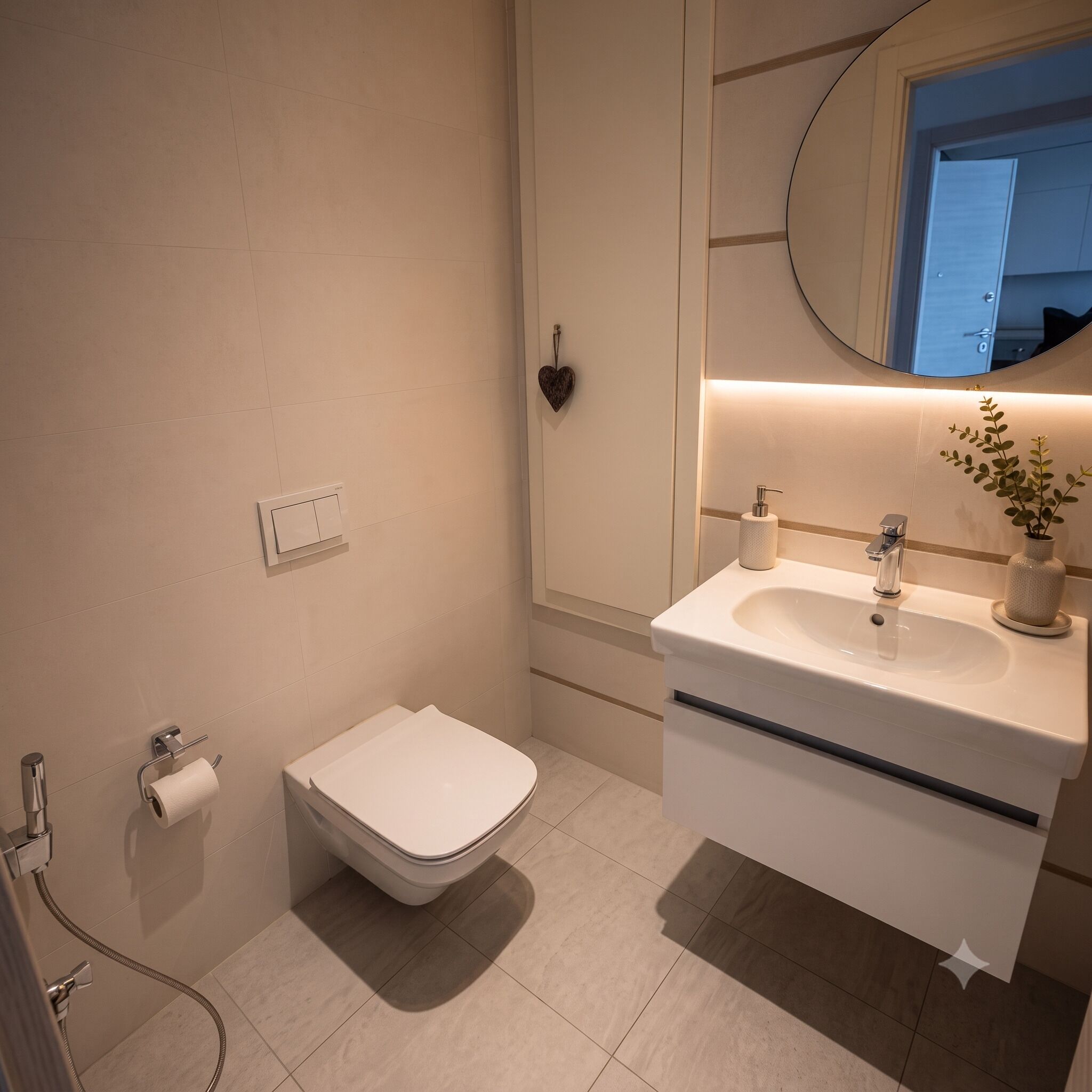 A modern bathroom with a toilet, sink, and mirror.